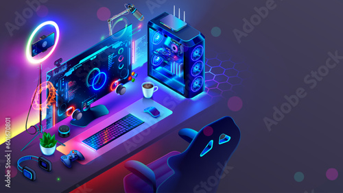 Gaming powerful computer or gamer rig with computer game on screen. Monitor on table in gamer room with neon light in the dark. Gaming PC on workplace. Online video game interface on screen PC.