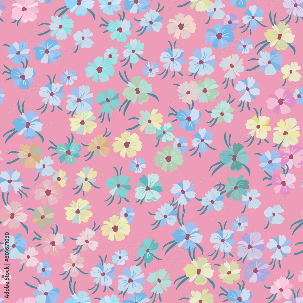 Vector seamless pattern with lots of small flowers of different colors on a pink background. Vector seamless pattern with lots of small flowers of different colors on a pink background.