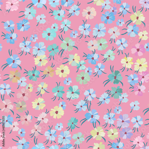 Vector seamless pattern with lots of small flowers of different colors on a pink background.