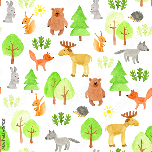 Forest animals seamless pattern in delicate green, yellow colors on the white background. Elk, wolf, fox, bear, squirrel, hare, hedgehog. Nature, forest, trees. Hand drawing.