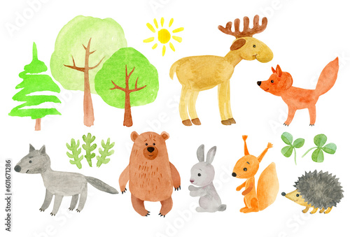 Forest animals set in delicate green, yellow colors. Elk, wolf, fox, bear, squirrel,  hare, hedgehog. Nature, forest, trees. Hand drawing.