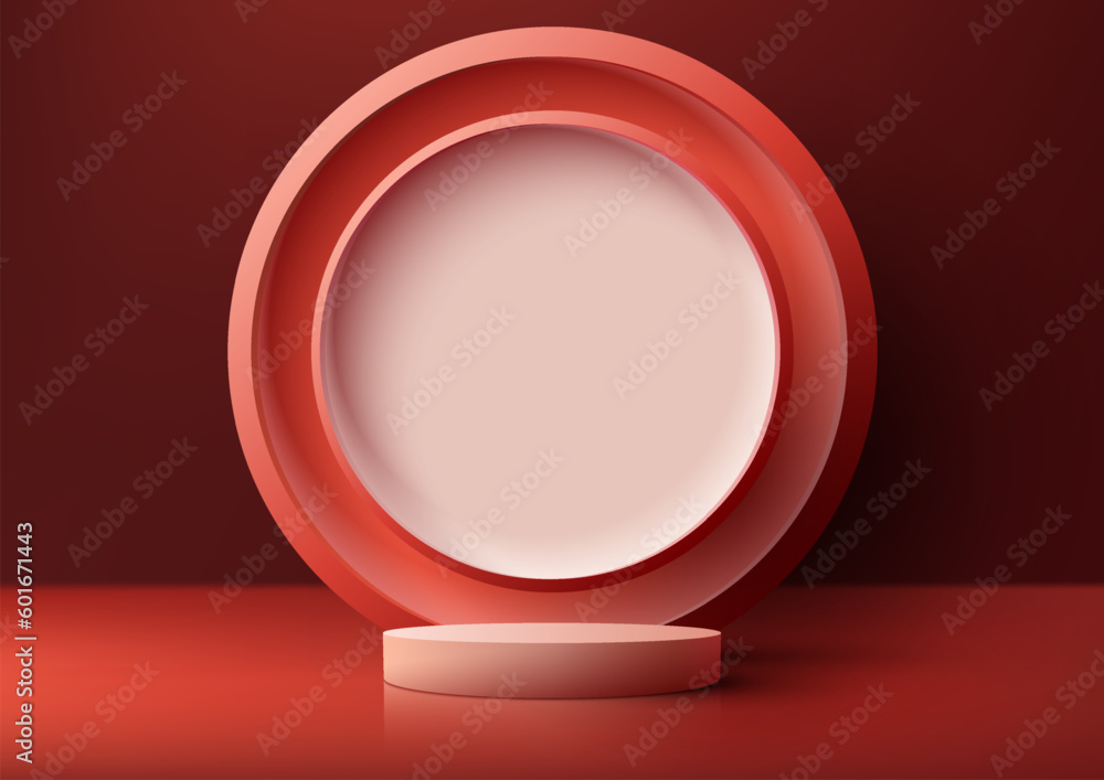 3D realistic modern style empty white podium stand with pink circle backdrop on red background and natural lighting 3D realistic modern style empty white podium stand with pink circle backdrop on red background and natural lighting