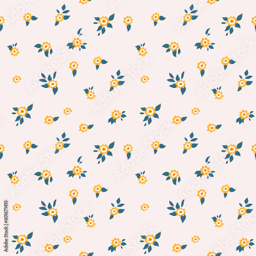 A pattern of orange flowers with green leaves. Seamless floral vector repeating pattern on a light background.