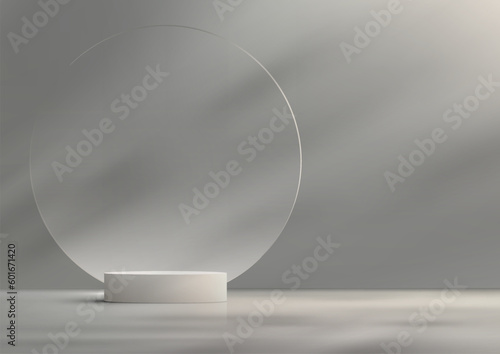 3D realistic minimal style empty white podium platform with transparent glass circle backdrop natural lighting on gray background