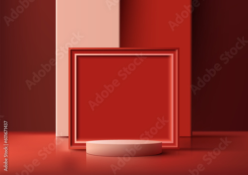 3D realistic modern luxury style empty white podium platform with red squares geometric frame backdrop on red background and natural lighting