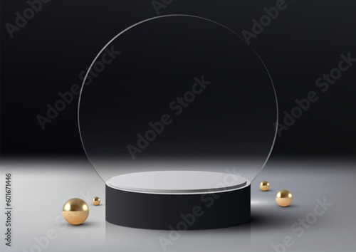 3D realistic empty black and white podium platform with circle transparent glass backdrop decoration golden balls on dark background luxury style
