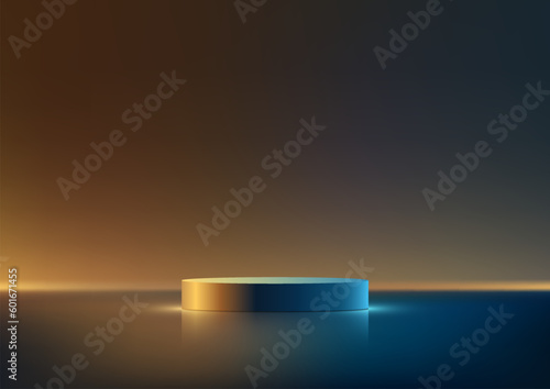 3D realistic mockup display empty blue podium platform display on minimal wall scene dark background and lighting