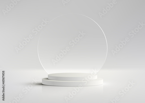 3D realistic modern luxury style white podium platform with transparent glass circle backdrop on white and gray background