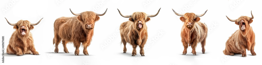 Wildlife animals banner panorama long - Collection of funny cute crazy laughing lying, standing, sitting scottish highland cattle, isolated on white background, Generative AI - obrazy, fototapety, plakaty 