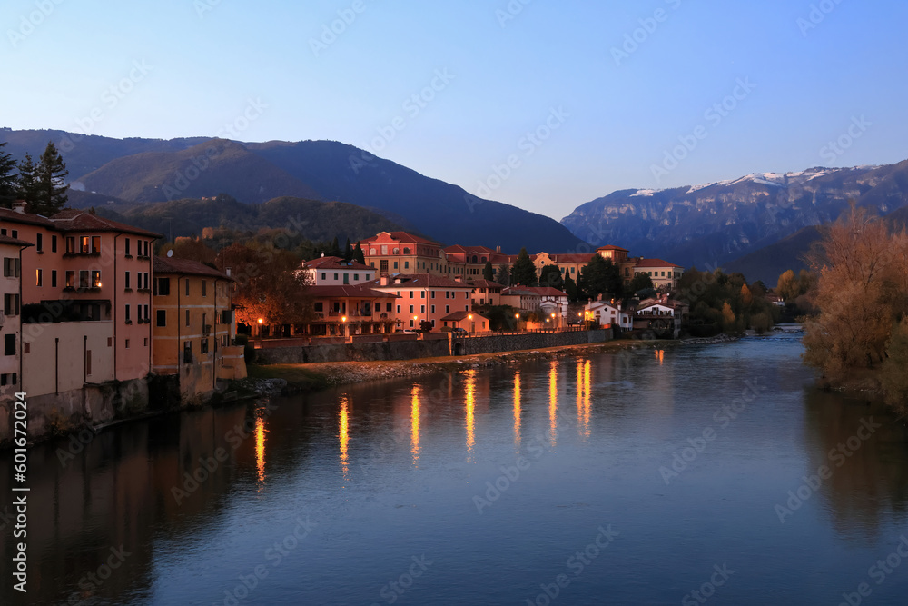 Bassano del Grappa. Sunset on the river Brenta from Ponte Vecchio (or 