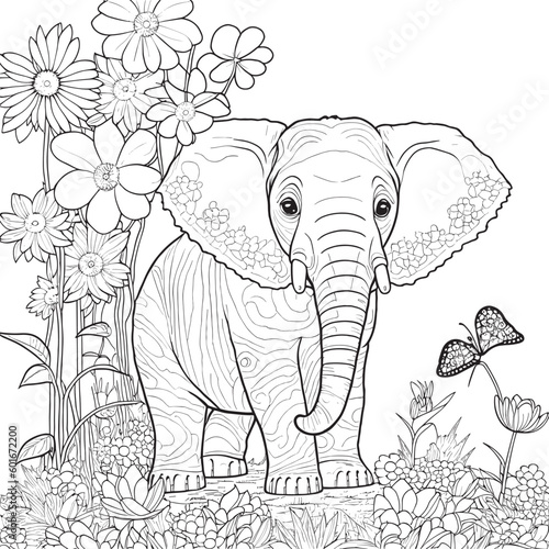 Fototapeta Naklejka Na Ścianę i Meble -  Elephant Animal flowers adults coloring page line- art
