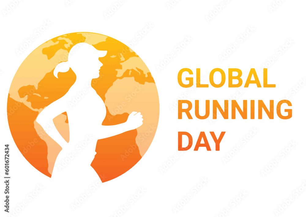 Global running day. Vector illustration. Silhouette of a woman running against the background of the globe.