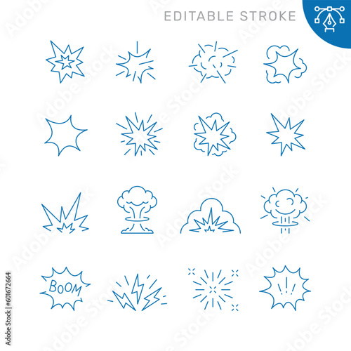 Vector line set of icons related with explosion. Contains monochrome icons like explosion, firework, spark, blast and more. Simple outline sign. Editable stroke.