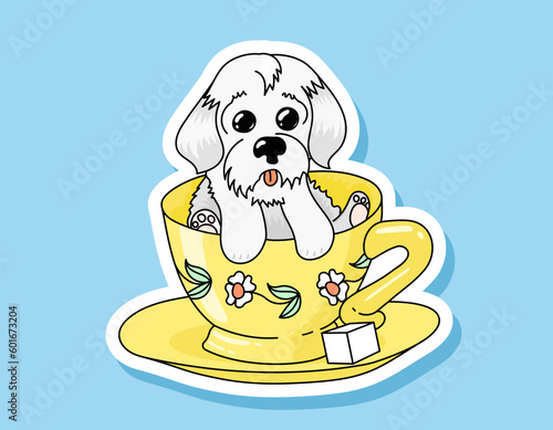 A cute fluffy puppy sits in a tea cup with a saucer. Outline vector colored sticker.