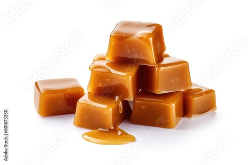 Caramel candies with caramel sauce isolated on a white background close up, ai generative