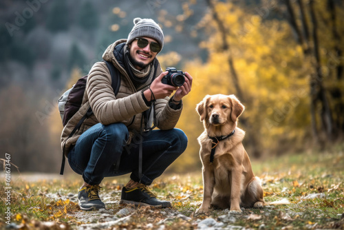 The portrait of a guy photographer with camera and his best friend dog. Generative AI.