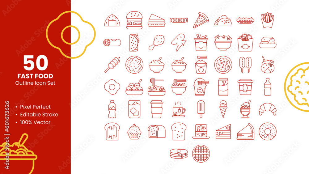 Set of 50 line icons related to Fast Food. Pixel Perfect Icon. Outline icon collection. Editable stroke. Vector illustration. Set of 50 line icons related to Fast Food. Pixel Perfect Icon. Outline icon collection. Editable stroke. Vector illustration.