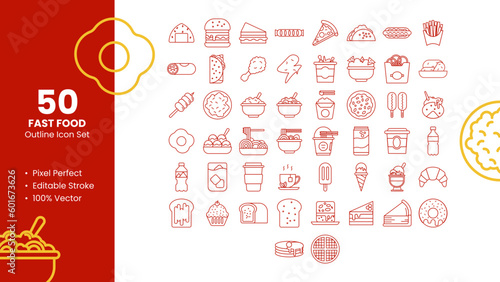 Set of 50 line icons related to Fast Food. Pixel Perfect Icon. Outline icon collection. Editable stroke. Vector illustration.