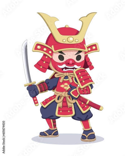 Cute Japanese samurai in battle armor cartoon illustration