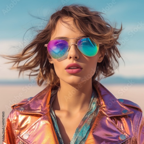 Beautiful woman with sunglasses in neon colors.generative ai