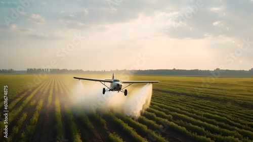 Agricultural airplane is flying over a wheat field and performing crop spraying to protect crops from pests and plant diseases. Banner with copy space. photo