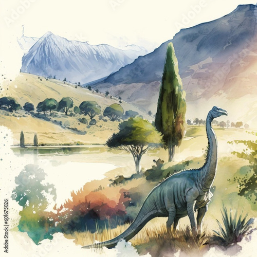 Watercolor painting of a dinosaur with a mountain in the background. Generative AI