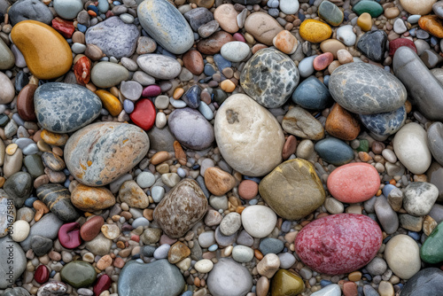 Colorful, wet beach rocks, pebbles and stones