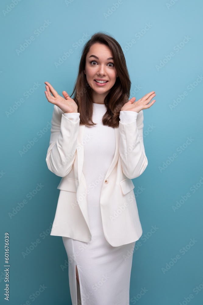 happy incendiary brunette young woman in white dress won the beauty contest happy incendiary brunette young woman in white dress won the beauty contest