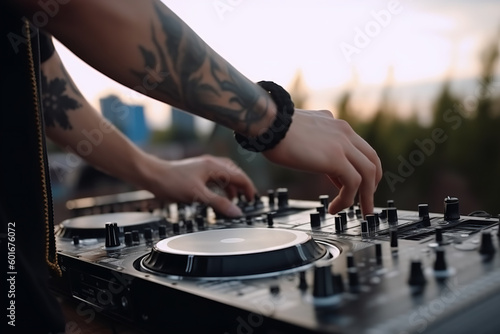 DJ Hands creating and regulating music on dj console mixer in concert outdoor