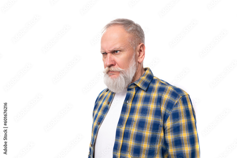 portrait of handsome 50s mid aged gray-haired retired man with mustache and beard on white background portrait of handsome 50s mid aged gray-haired retired man with mustache and beard on white background