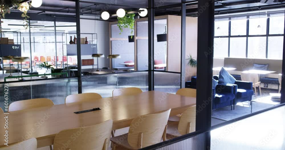 Empty office, modern workplace or space with furniture in work building. Corporate conference or business meeting room, chairs or tables for workshop and set up or interior design for boardroom
