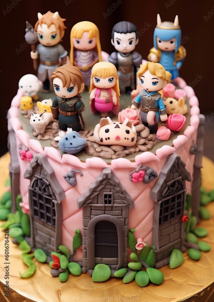 Medival Fantasy Castle with knights and Princesses Themed Birthday Cake Decoration Generative Ai