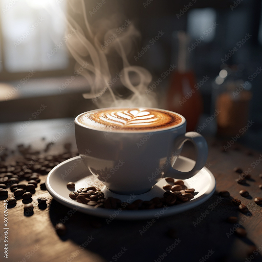 cup of cappuccino coffee in a cafe with a croissant - obrazy, fototapety, plakaty 