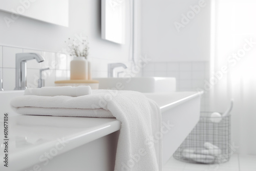 White Modern blurred bathroom interior with towels. Home interior design © Ployker