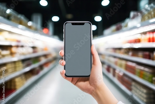 Close-up of a hand holding a smartphone with a mobile screen on a blurry background of supermarket shelves.
