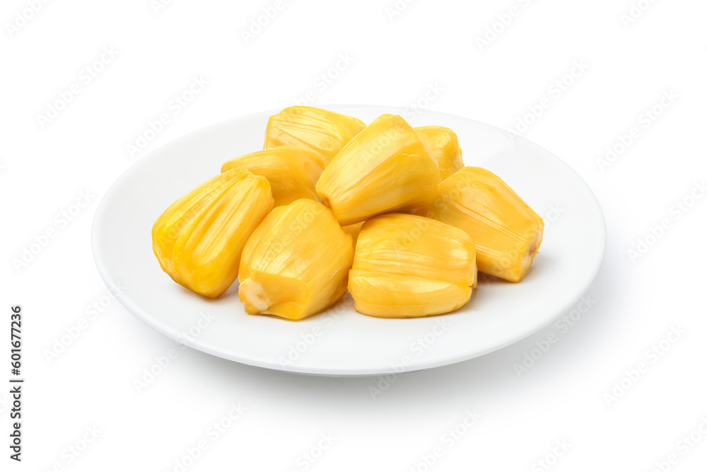 Jackfruit pulp in white plate isolated on white background. Clipping path. Jackfruit pulp in white plate isolated on white background. Clipping path.