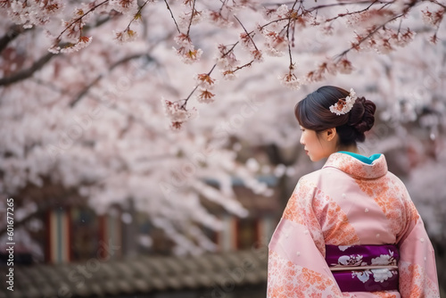 Asian woman in kimono in scenic cherry blossom garden, sakura in Japan