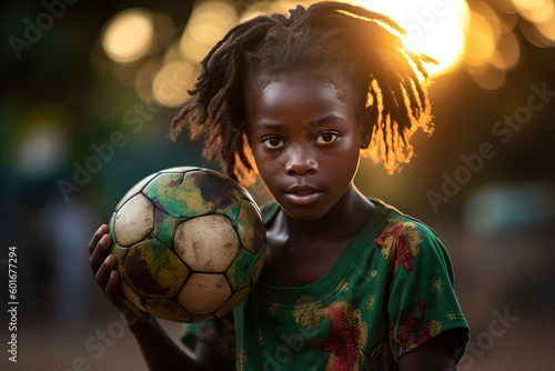 A fictional person. Young Girl Practicing Soccer Skills with Passion in a Verdant Park