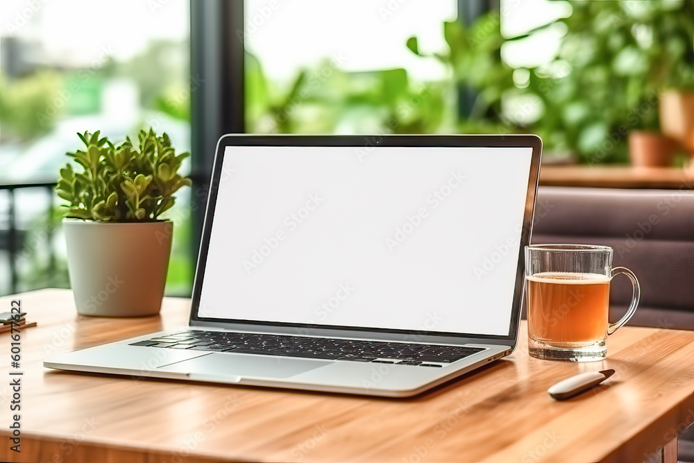 Blank screen laptop computer on cafe table with green plant background.Freelance, student lifestyle, e-learning, shopping online, web site, technology concept. Generative AI Blank screen laptop computer on cafe table with green plant background.Freelance, student lifestyle, e-learning, shopping online, web site, technology concept. Generative AI