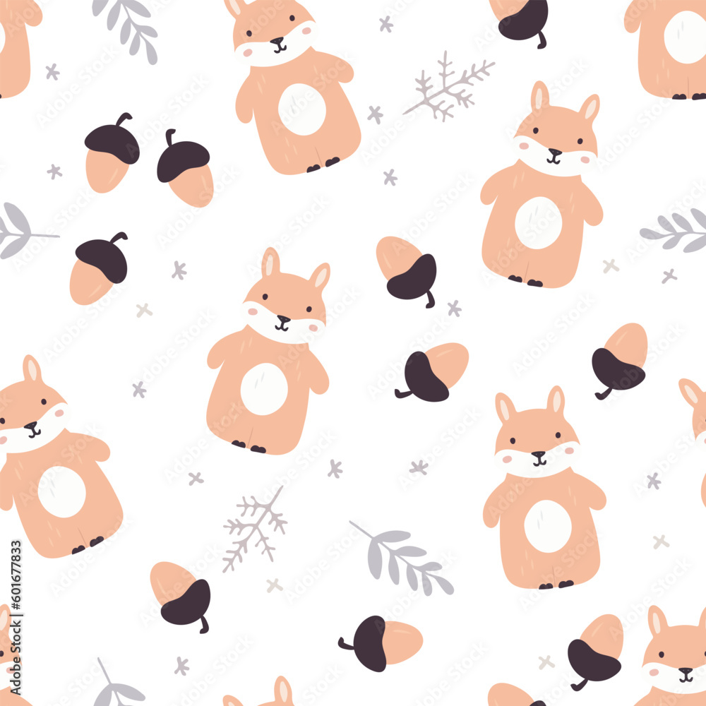 Naklejka premium Cute seamless pattern with squirrel, nuts and trees. Hand drawn background.
