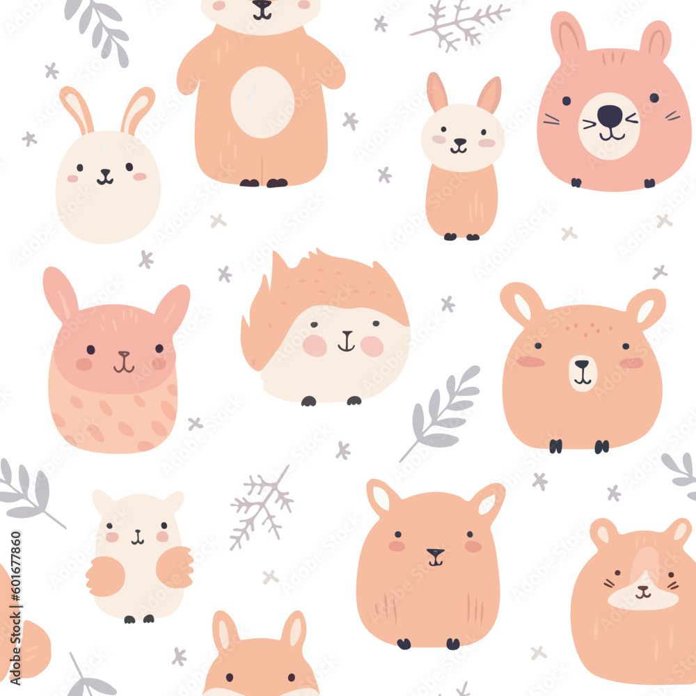 Childish seamless pattern with hand drawn animals. Trendy scandinavian background. Perfect for kids apparel, fabric, textile, nursery decoration, wrapping paper