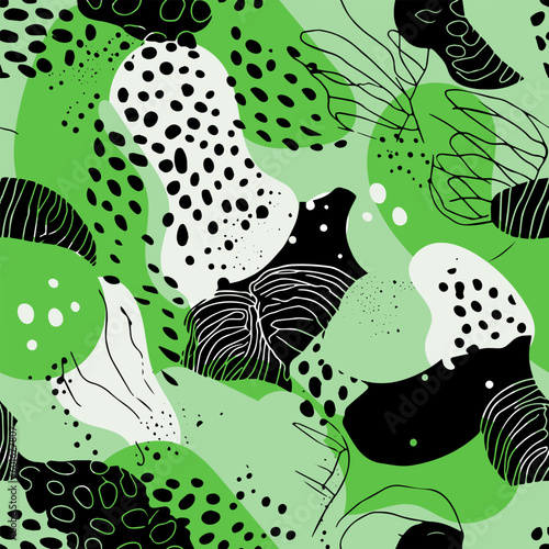 A simple and stylish green seamless pattern with hand-drawn shapes. Abstract nature background.