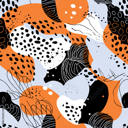 Hand-drawn minimalist shapes in a contemporary print that makes a fashionable design template. This modern seamless pattern has lines, dots, and abstract shapes. © jullyromas