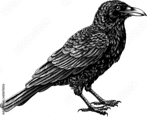 A crow, raven, rook or other black Corvus bird. Original illustration in an old vintage engraved etching woodcut style