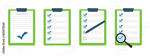 Set of blue ticked documents icons. Verified document. Checklist. Questionnaire, survey, clipboard, task list. Checklist with magnifying glass