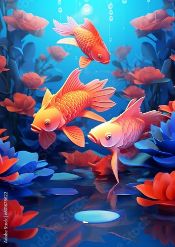 Adorable Cartoon Animated Koi carps swimming ithrough blue under water flower corals Generative Ai 