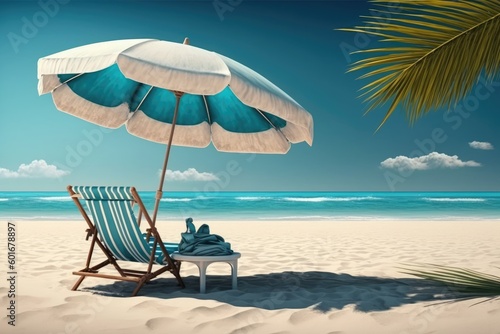 Beach chair with parasol on the sandy beach