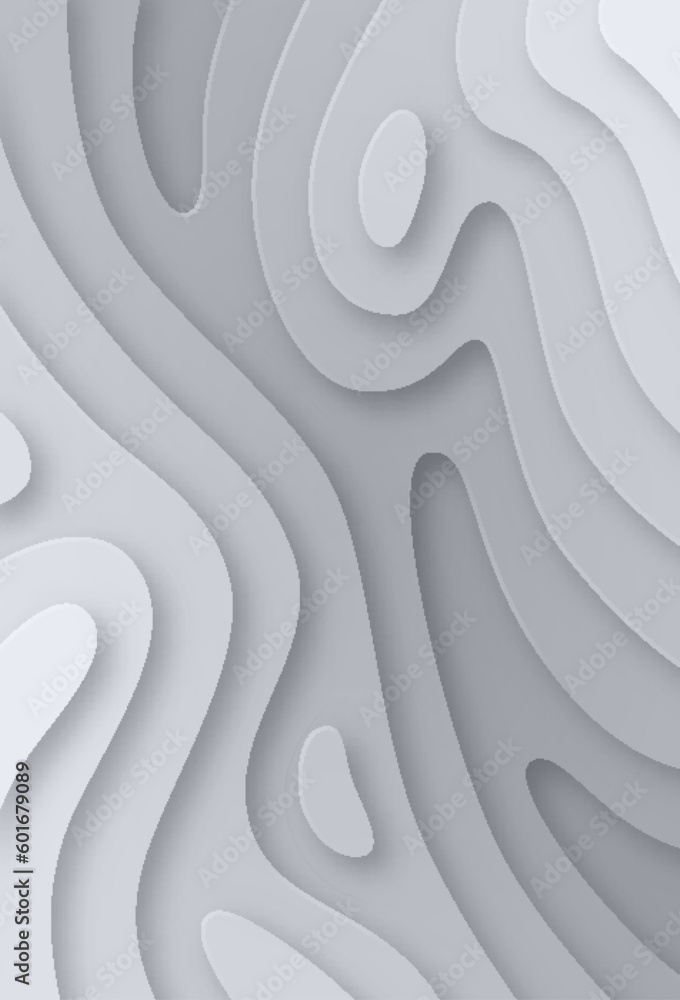 Obraz premium Paper cut topography relief imitation, gray multi layers in gradient texture. Abstract papercut soft 3D banner, topographic map, background vector illustration