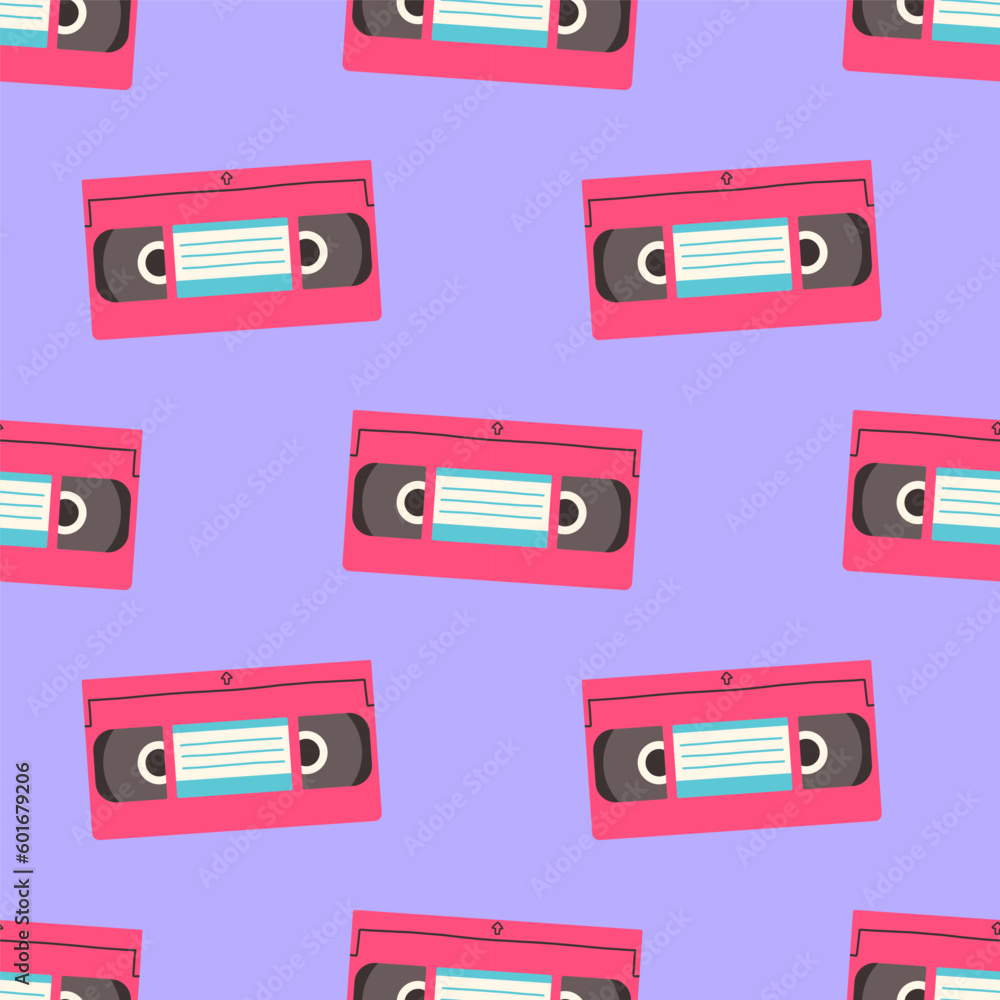 Fototapeta premium 90s seamless pattern with video cassette. Vector background in cartoon 80s 90s pop art comic style.