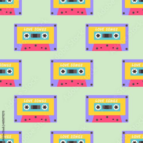 90s seamless pattern with audio cassette. Vector background in cartoon 80s 90s pop art comic style.